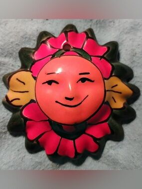 Hand-Painted Ceramic Sun Face Wall Accent - Pink and Orange